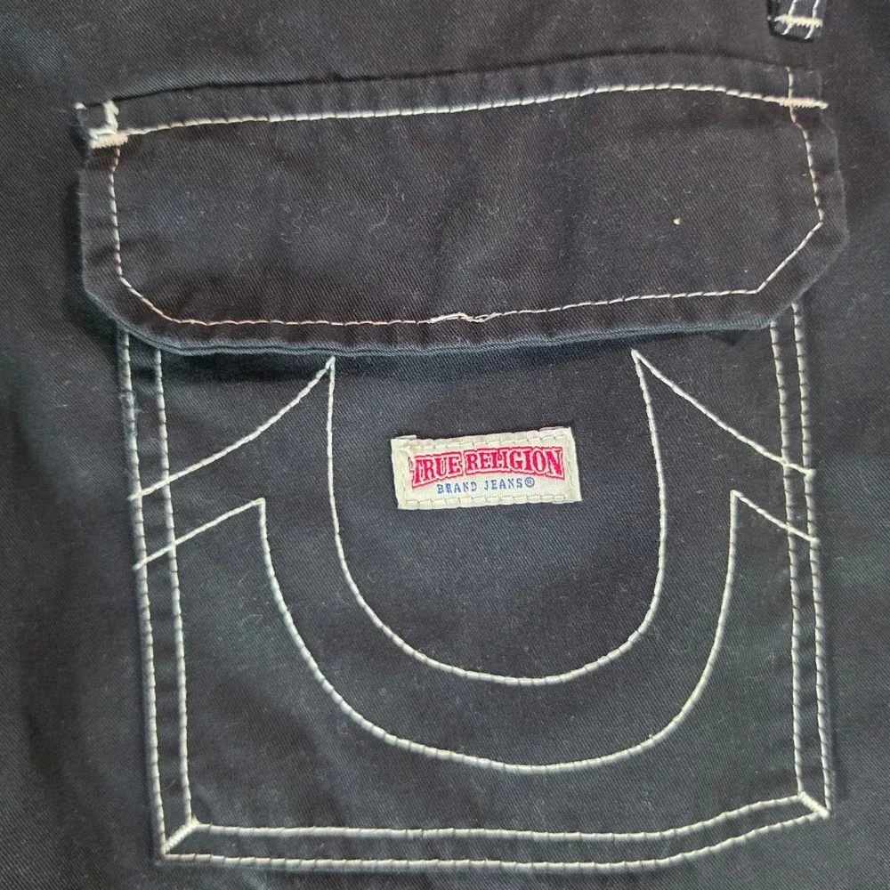 True Religion Mens Baggy Cargo Pants Black White Contrast Stitch Size 36 Y2K